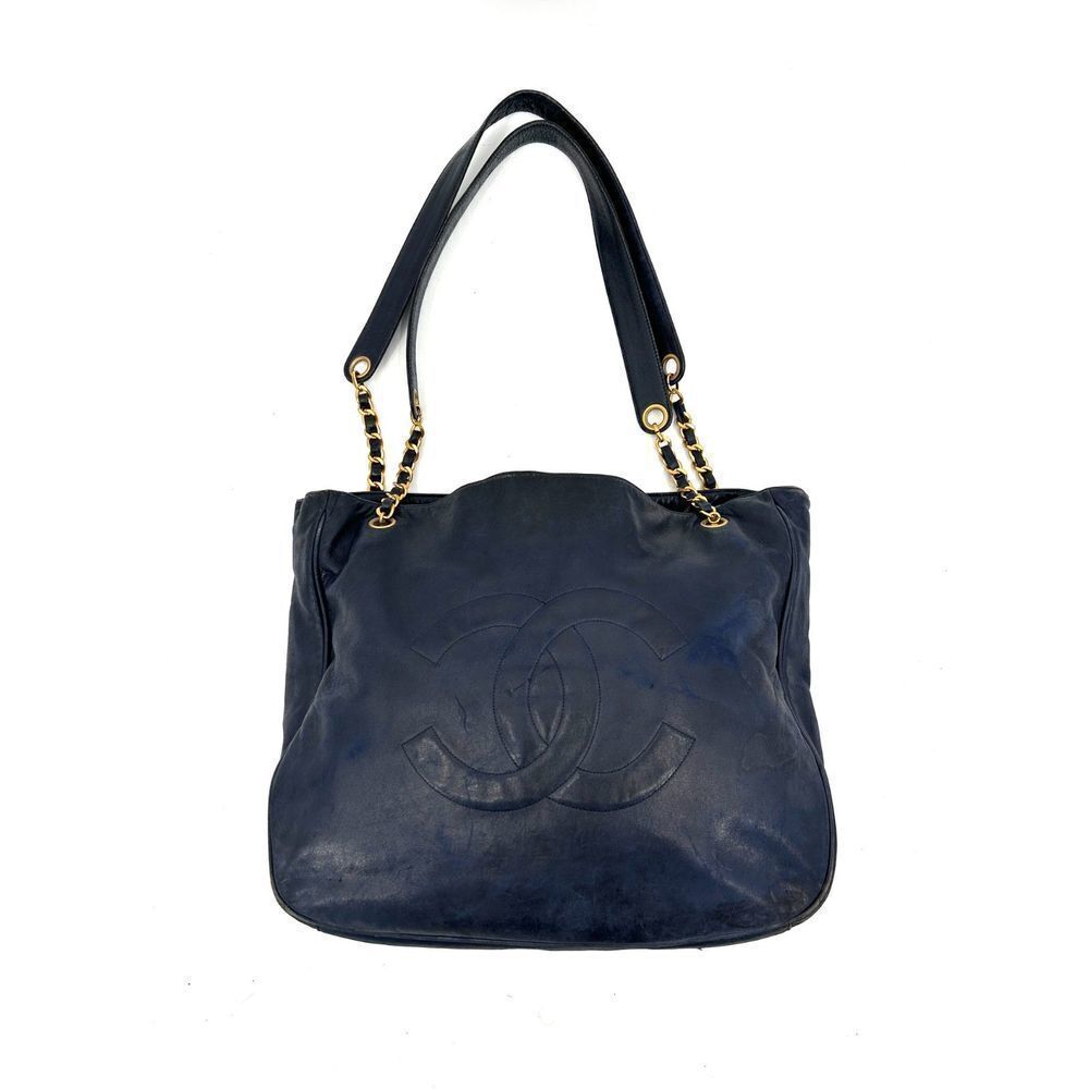 CHANEL Vintage 1994 - 1996 Navy Blue Gold Lambskin Leather Large Tote Bag Purse
